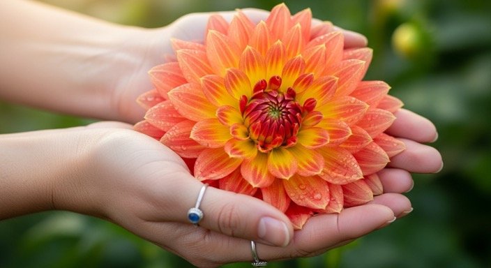 Hands holding flower symbolizing acceptance and growth.