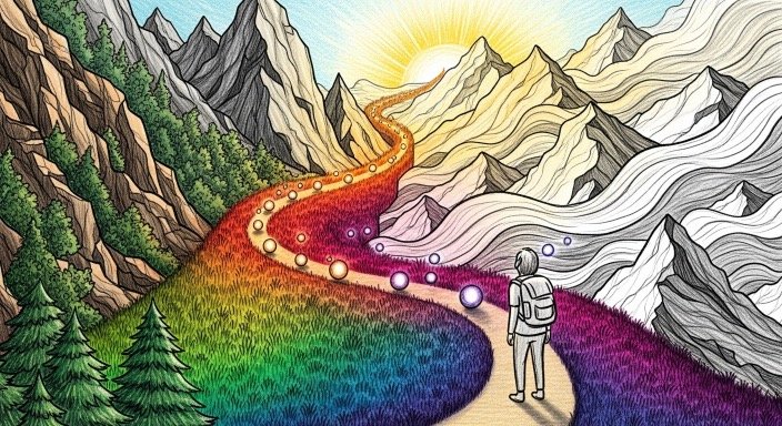 Nature-themed art encouraging gentle progress.