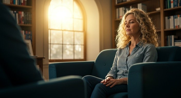 “Person in first therapy session, feeling calm and supported