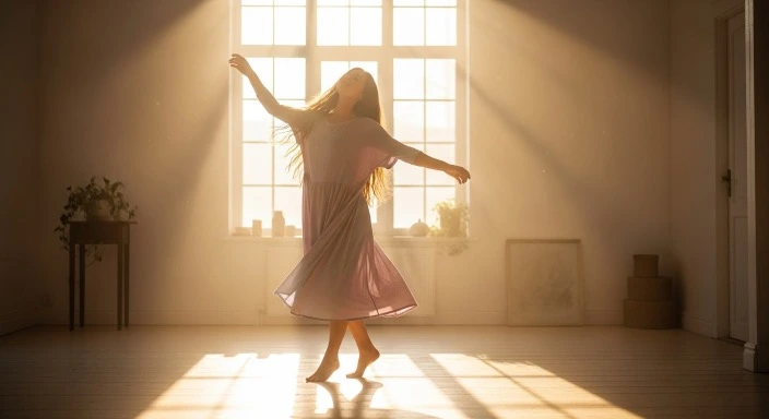 A woman dancing freely in soft morning light, surrounded by open space.