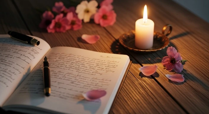 Notebook and candle with handwritten self love poems.