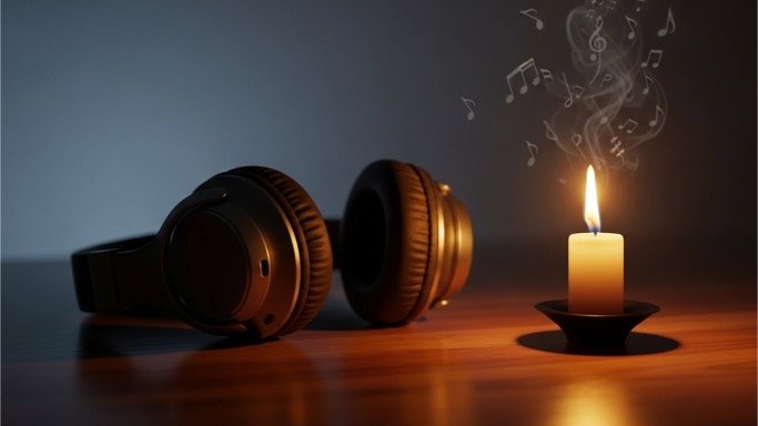 Headphones and candle symbolizing the emotional effect of negative lyrics