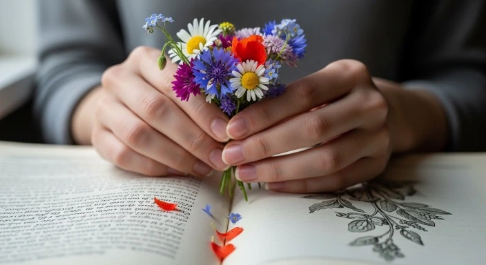 Hands holding flowers symbolizing growth and inner worth.