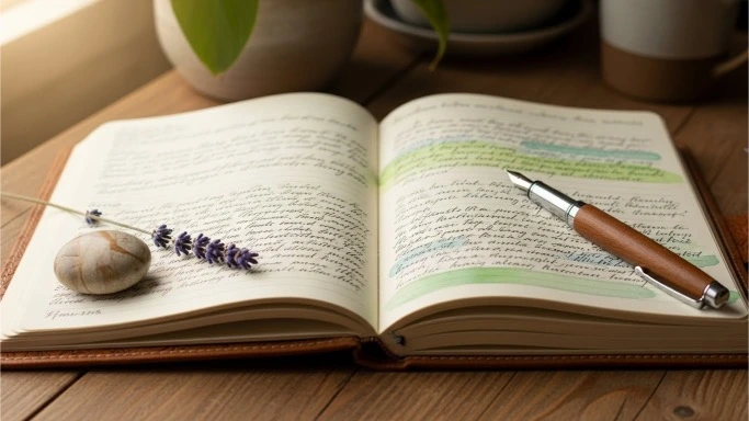 Journal prompts for self love and self-acceptance written in a peaceful space.