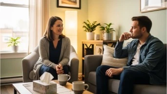 Therapy session showing supportive, non-judgmental listening
